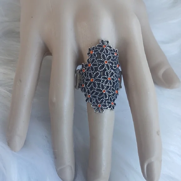 Paparazzi Silver and Orange Floral Ring Strech - Picture 1 of 11